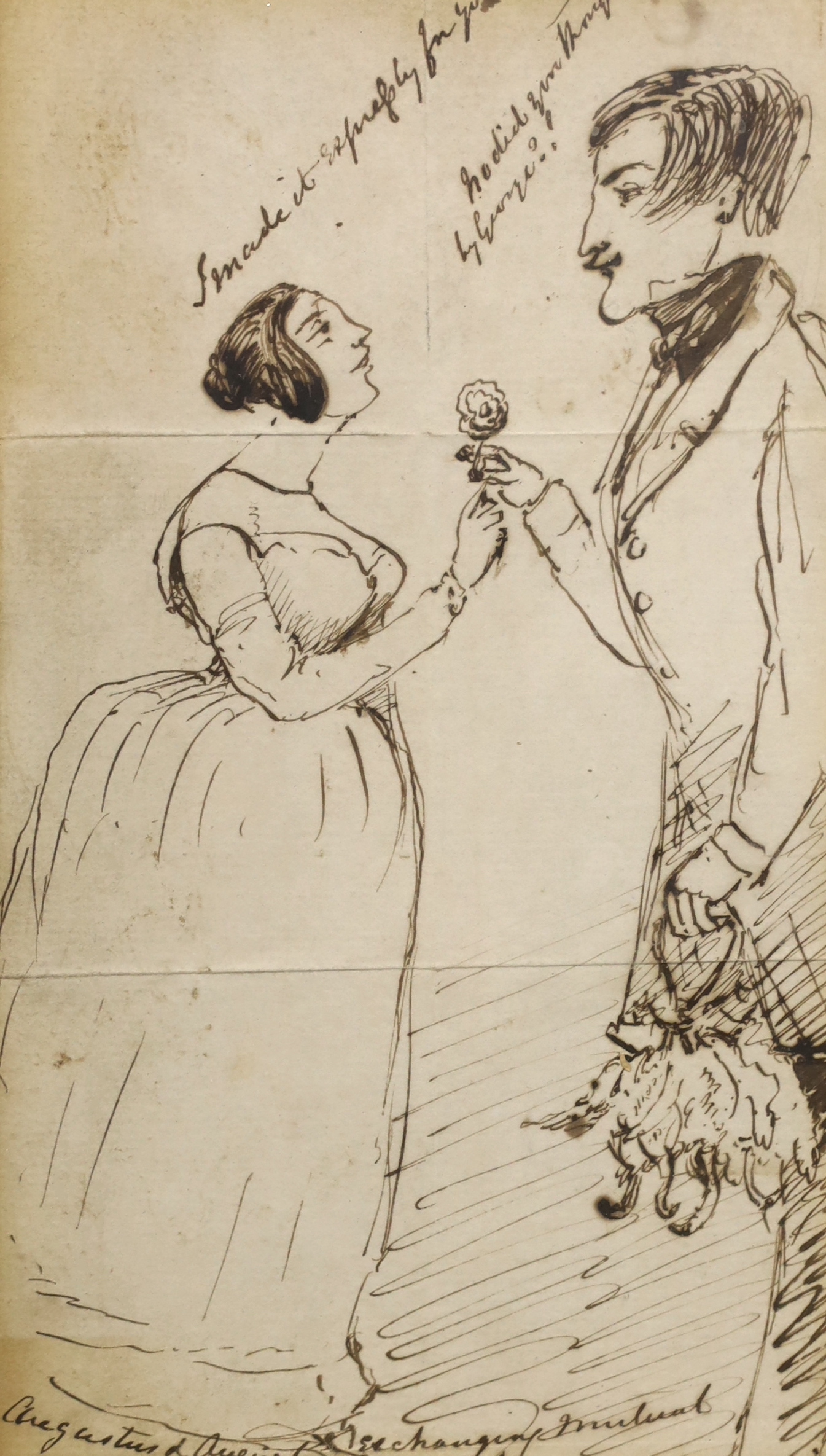 Victorian School, pen and ink, 'Augustus and Augusta exchanging mutual love tokens, 1843, she is saying 'I made it expressly for you', and he 'ho did you go by George!', inscribed, 18 x 10cm